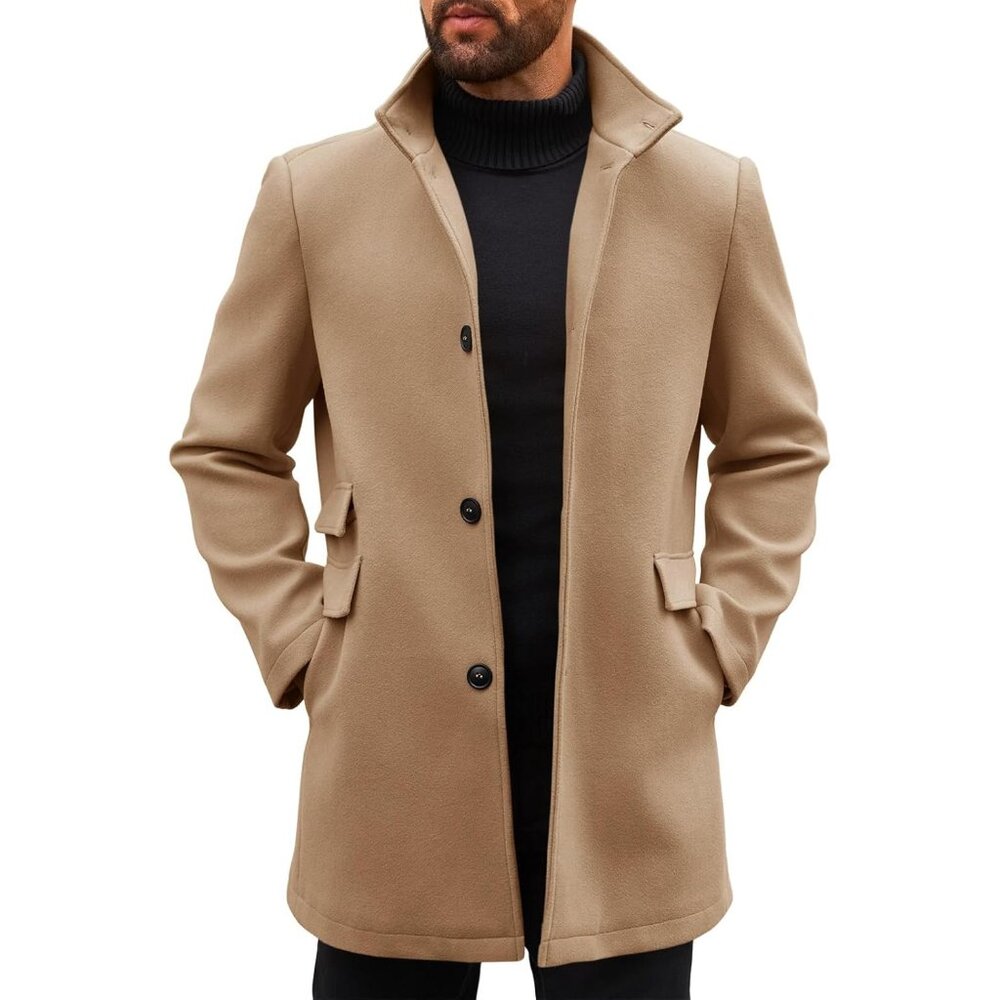 Men Khaki Pea Coats Single Breasted Stand Collar Casual Slim Fit Trench Coat